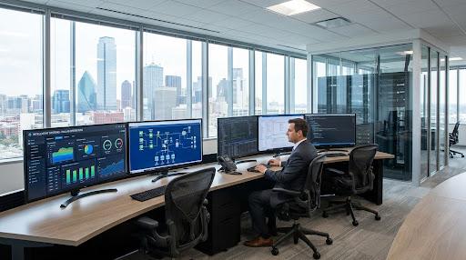 Analyst monitoring AI dashboards across multiple displays