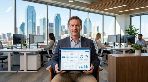 Professional presenting an AI automation dashboard on a tablet