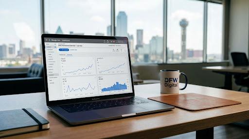 Laptop showing Google Ads performance metrics on a desk