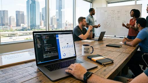 Team collaborating on software development in a meeting room