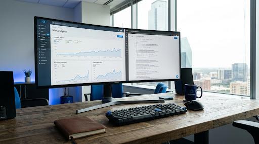 SEO analytics dashboard on a dual-monitor desk setup