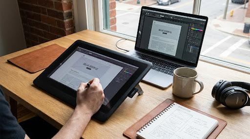 Designer sketching an interface on a pen-display tablet